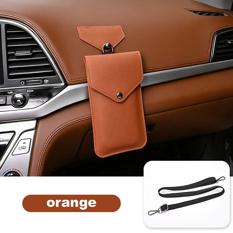 Universal Multi-Use Car Storage Bag with Shoulder Strap, Stick-On, Premium Leather, For Dashboard, Door, Seat Back