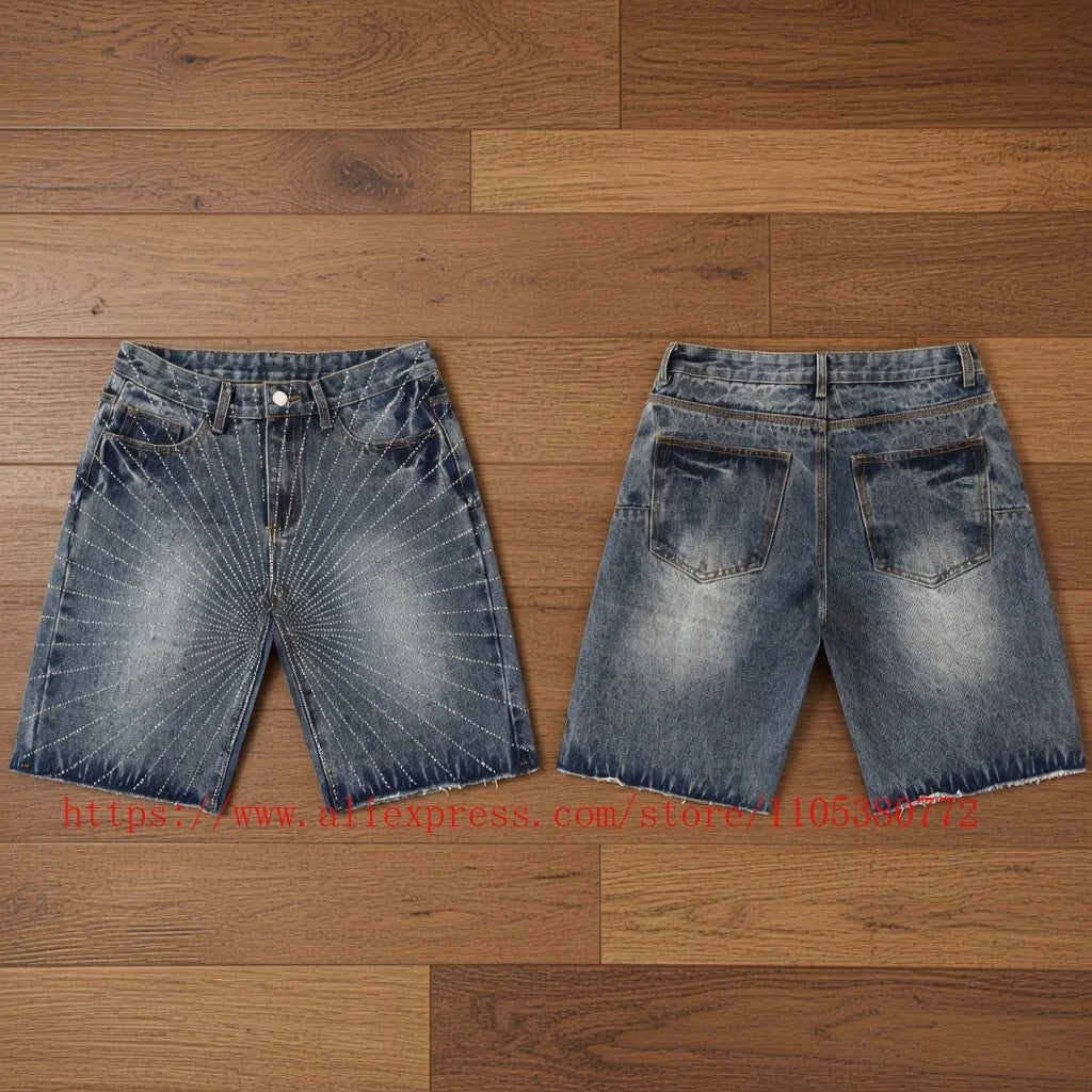 American Fashion Rhinestone-decorated Denim Shorts for Men Y2K Washed Blue Loose Denim Shorts Street Style Summer Casual Shorts