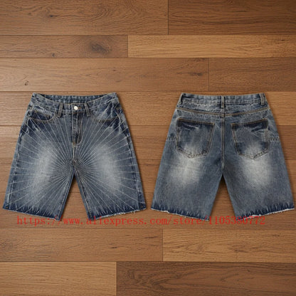 American Fashion Rhinestone-decorated Denim Shorts for Men Y2K Washed Blue Loose Denim Shorts Street Style Summer Casual Shorts