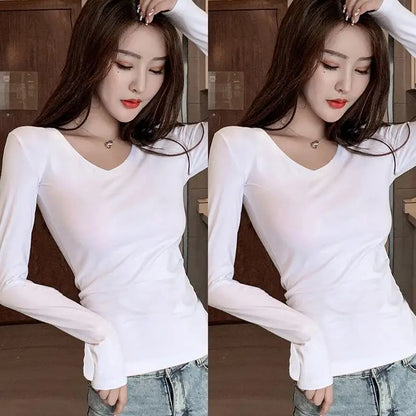 Women's Slim Fit Long Sleeve round Neck T-Shirt Base Layer Shirt Inner And Outer Wear Autumn Style Commute Korean Version