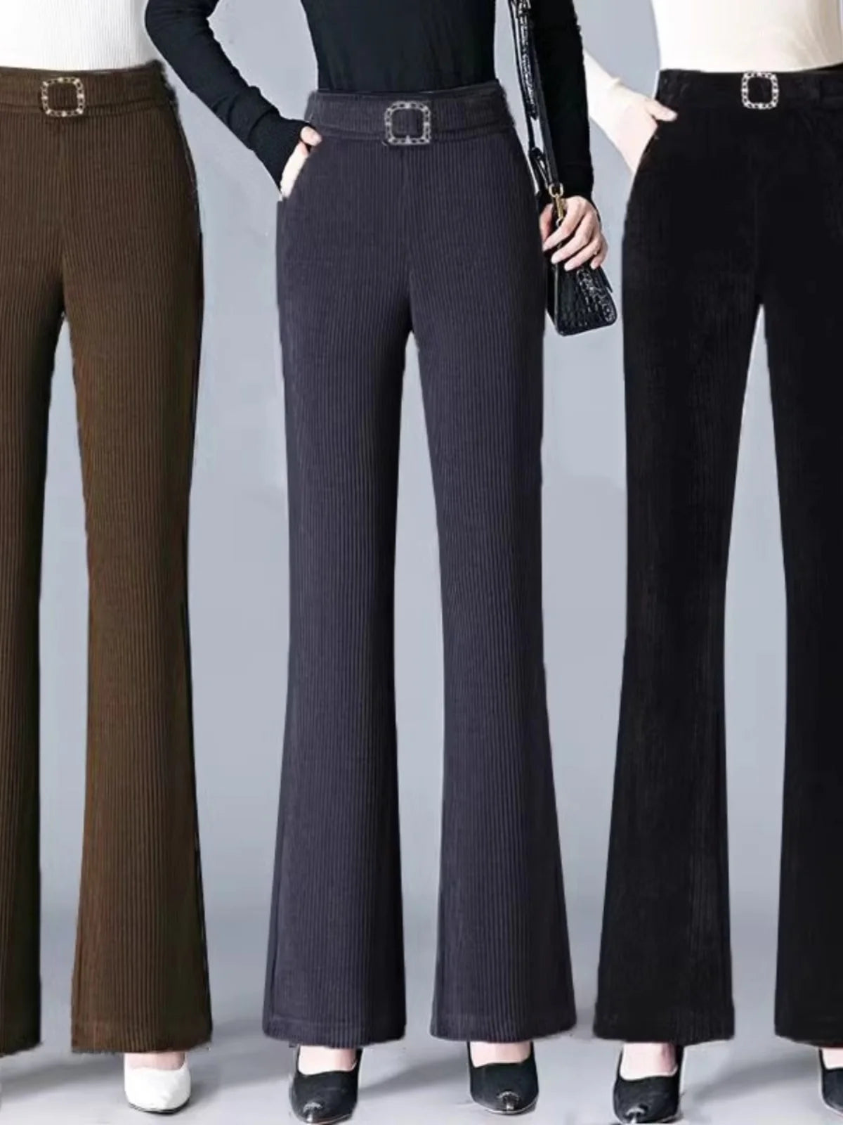 plus Size Flared Pants for Women Autumn Winter Fce Lined Casual High Waist Nine Points ket Pants for Middle-Aged Mothers