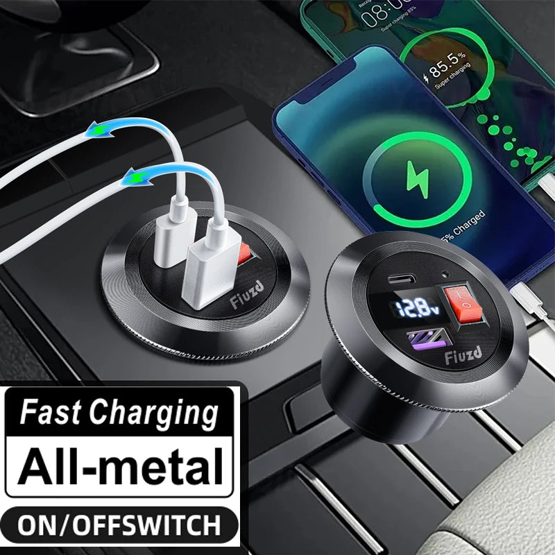 Car Charger Socket PD3.0 & QC3.0 Double USB C Ports with LED Switch 54W Fast Charging 12V/24V For Moto Adapter