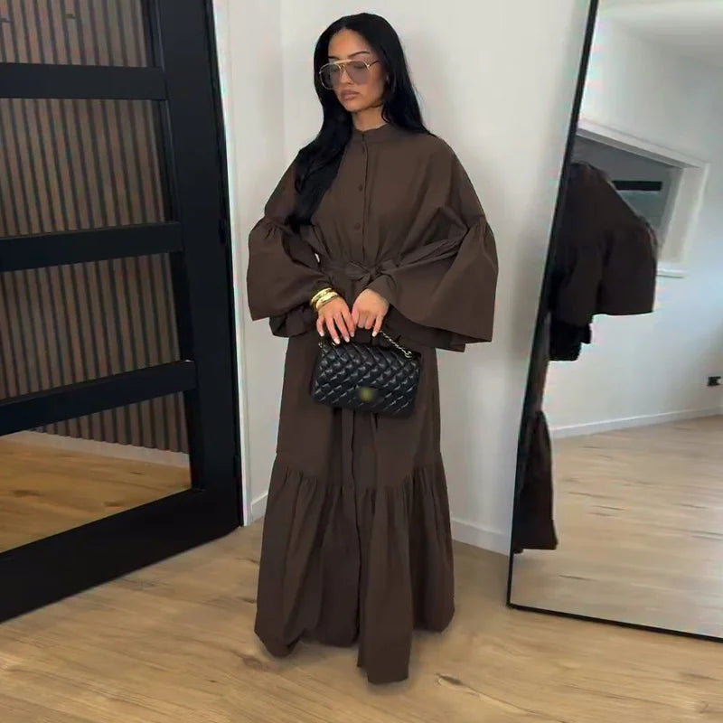Casual Women Dress Belt Cinched Waist Long Sleeve High Collar Solid Single Breasted Female Dress Chic Lady Commute Summer 2026
