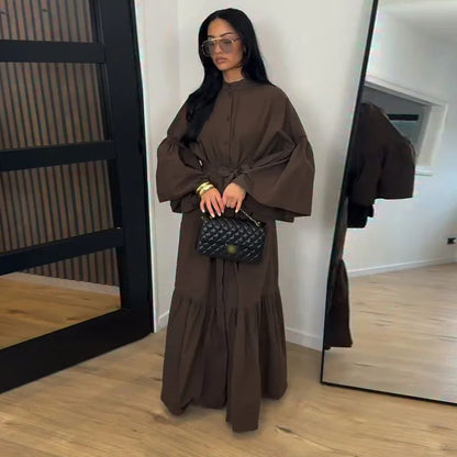 Casual Women Dress Belt Cinched Waist Long Sleeve High Collar Solid Single Breasted Female Dress Chic Lady Commute Summer 2026