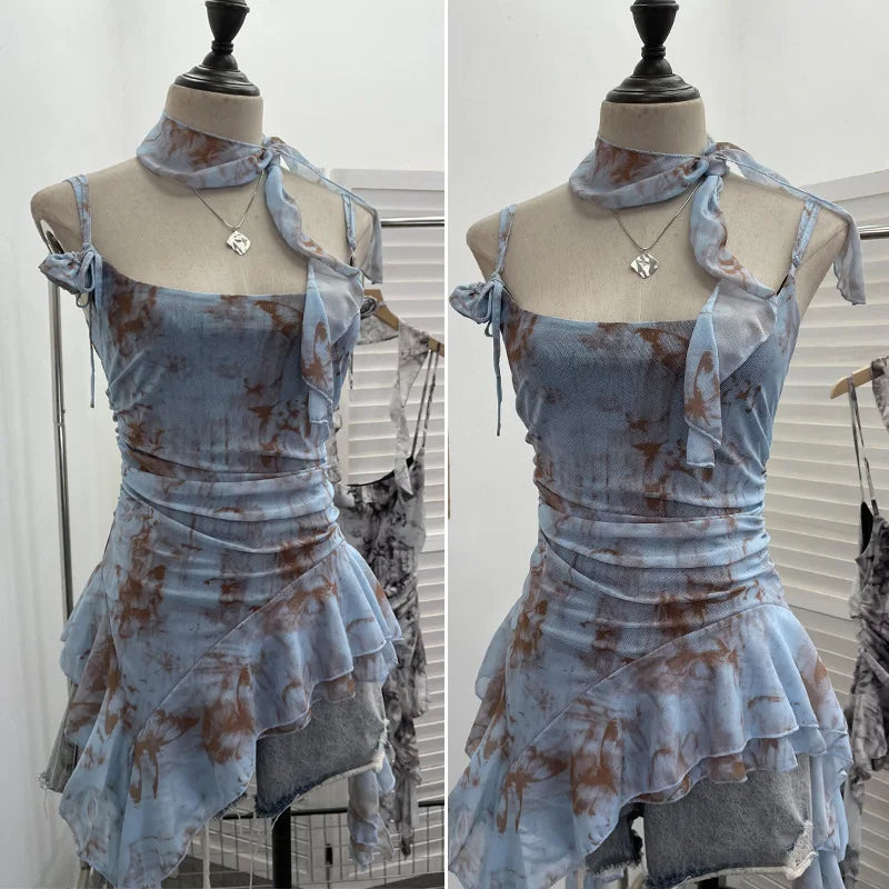 Women's Vintage Tie-dye Printed Mesh Spaghetti Strap Camisole Hot Girl Irregular Ruffled Ribbon Sleeveless Top Partyclub 1185