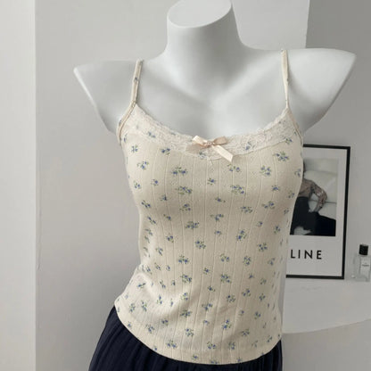 Bow Floral Eyelet Lace Trim Tank Tops Women Summer Cotton Sleeveless Slim Camisole Girls Sweet Cute Preppy Style Crop Top Y2K