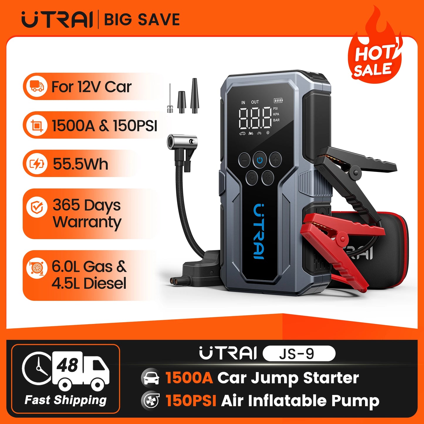 UTRAI 4 in 1 1500A Jump Starter JS-9 For 12V Car 150PSI Air Inflatable Pump Air Compressor Portable Power Bank Emergency Booster
