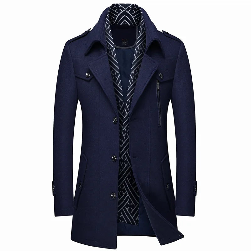 Thickened Men's Woolen Coat Scarf Collar Mid-Length Tweed Outerwear Winter Fashion Slim Fit Pocket Detail Pure Color Design