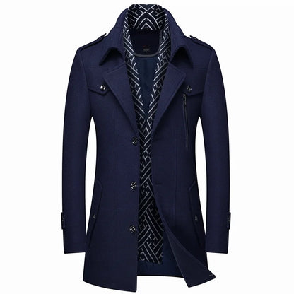 Thickened Men's Woolen Coat Scarf Collar Mid-Length Tweed Outerwear Winter Fashion Slim Fit Pocket Detail Pure Color Design