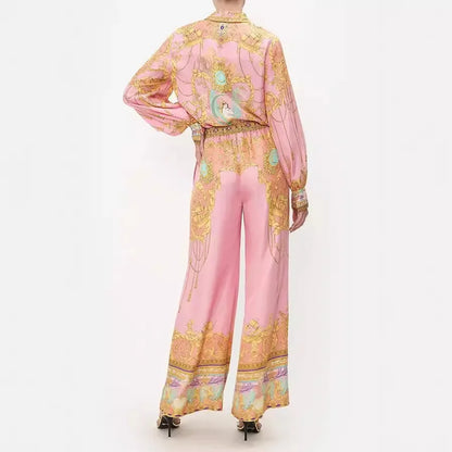 CHICEVER Casual Vacation Two Piece Set for Women Laple Long Sleeve Pink Printed Shirt High Waist Trousers Suit Female Autumn New