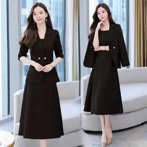 plus Size Women's Dress Suit Set Sleeveless Long Dress with Jacket Autumn Fashion Slimming Two-Piece Set High Waist Korean Style