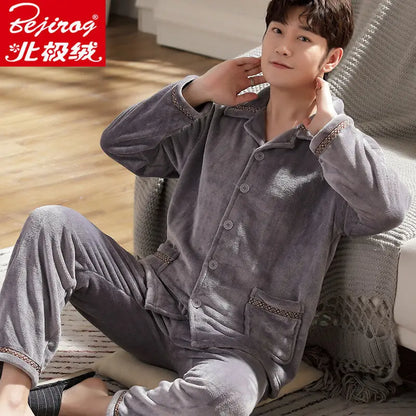 Pajama Sets Flannel Pajamas Men's Winter Thickening Warm Suit Long-sleeved Loose Home Clothes Autumn Cardigan