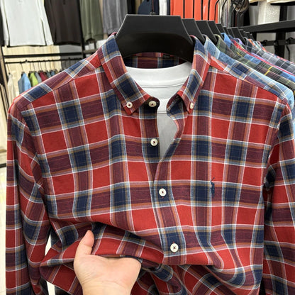 American-style Plaid Long-sleeve Shirt for Men, Pure Cotton Casual Trendy Brand Embroidered Red Shirt Top for Spring and Autumn