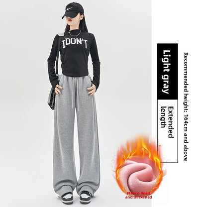 Gray Lamb Velvet Sport Pants Women's High Waist Drapey Fleece Wide Leg Casual Small Size Thickened Cotton Pants