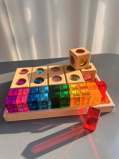 New Kids Acrylic Sparkling 6 sides 3D Gems Wooden Blocks Toy Rainbow Lucite Crystal Steps Building Play Birthday Gift
