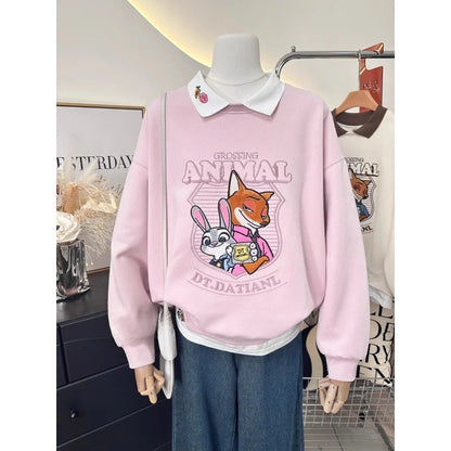 Fashionable Heavy Embroidery Cartoon Color Block  Neck Loose Fit Sweatshirt Women's Autumn New Arrival Fake Two-Piece Style