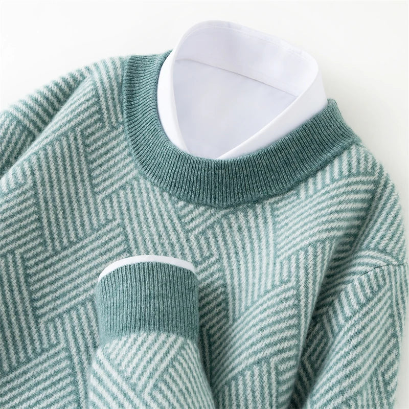Autumn and winter new thick 100% pure cashmere men's round neck jacquard loose color matching leisure sweater cashmere sweater