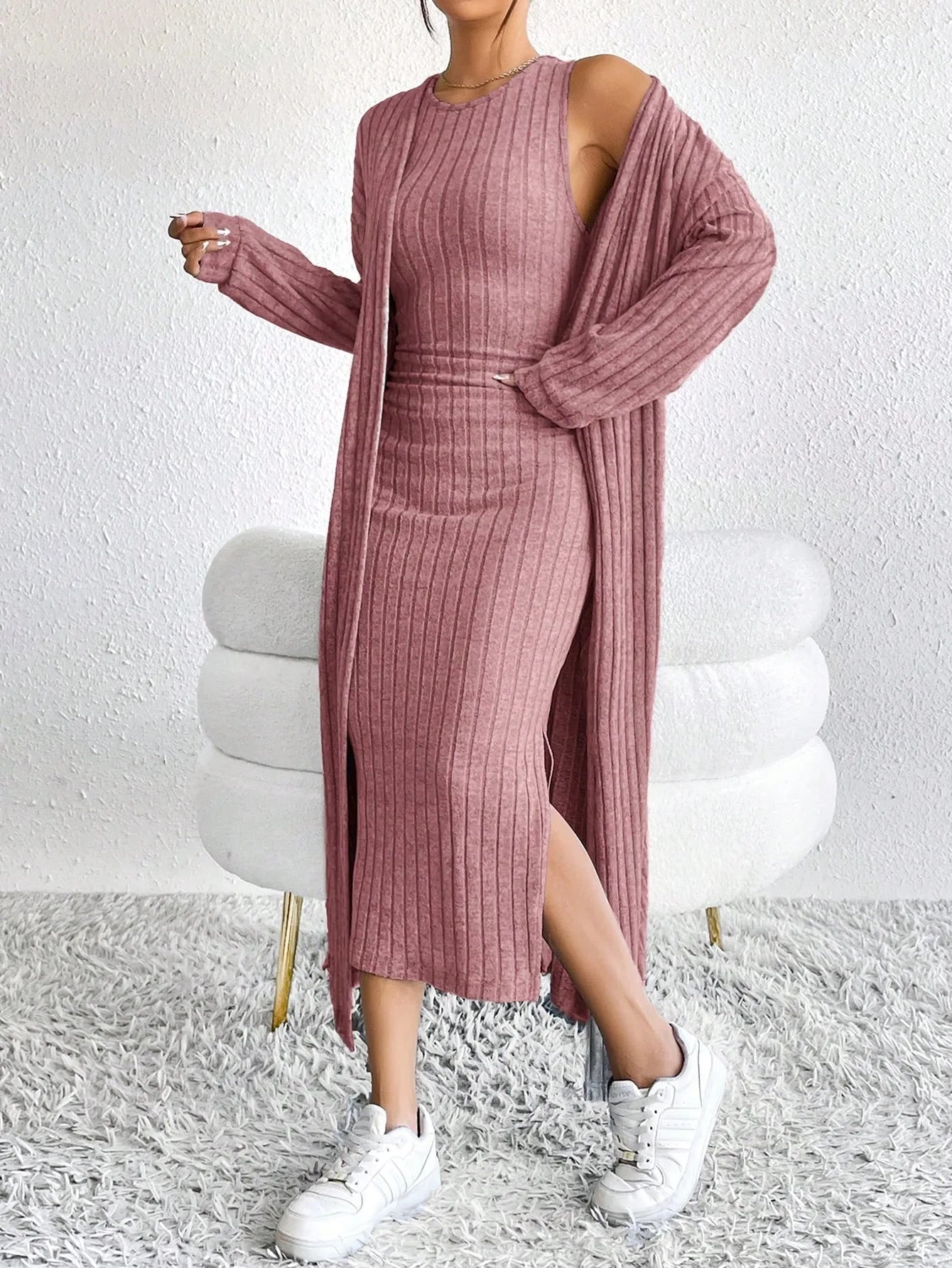 Fashionable Long Sleeve Vest Dress Set Autumn Casual High Waist Trousers Women's Clothing Two-Piece Suit European Style
