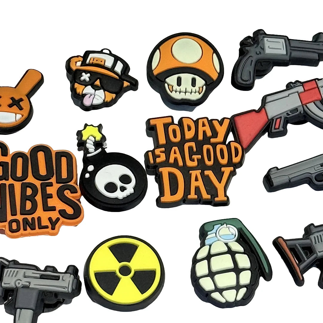 13-100pcs Skull Gun Mushroom Cool Shoe Buckle Sandal DIY Accessories PVC Shoes Charms Clogs Pins Decor Unisex Kids Party Gift