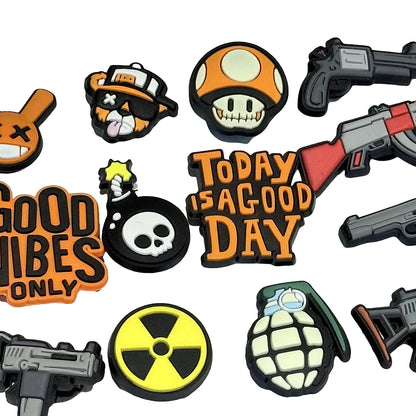13-100pcs Skull Gun Mushroom Cool Shoe Buckle Sandal DIY Accessories PVC Shoes Charms Clogs Pins Decor Unisex Kids Party Gift