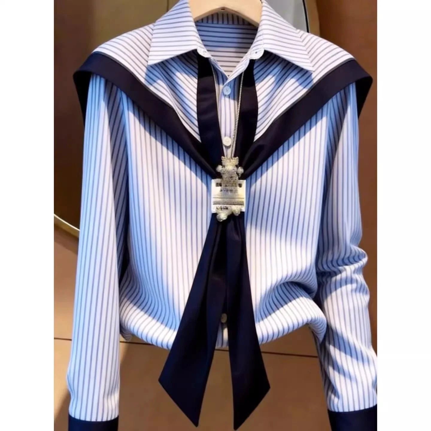 Design Stripe  Collar Shirt Women Spring Autumn White Enhancing Blue Large Size Stand Collar Slimming Top Polyester Long ...