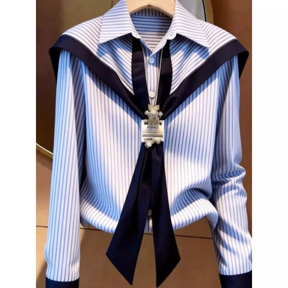 Design Stripe  Collar Shirt Women Spring Autumn White Enhancing Blue Large Size Stand Collar Slimming Top Polyester Long ...