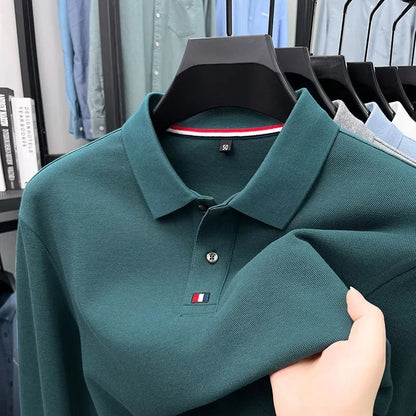 Collar T-shirt for men, long sleeved, autumn, middle-aged, business, pure cotton, casual polo shirt, top for men