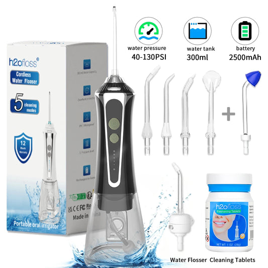 H2ofloss Cordless Water Flosser Portable Oral Irrigator 5 Modes 5 Jets Tips 300ml 140PSI USB Rechargeable for Teeth Cleaning