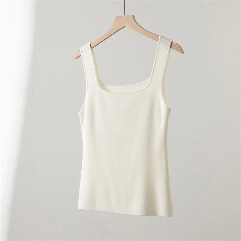 100% Superfine Merino Wool French Square-Neck Knit Camisole for Women, Slim Fit, Elegant, Versatile, Thin, Suitable for Work and Casual Wear