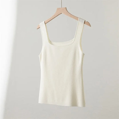 100% Superfine Merino Wool French Square-Neck Knit Camisole for Women, Slim Fit, Elegant, Versatile, Thin, Suitable for Work and Casual Wear