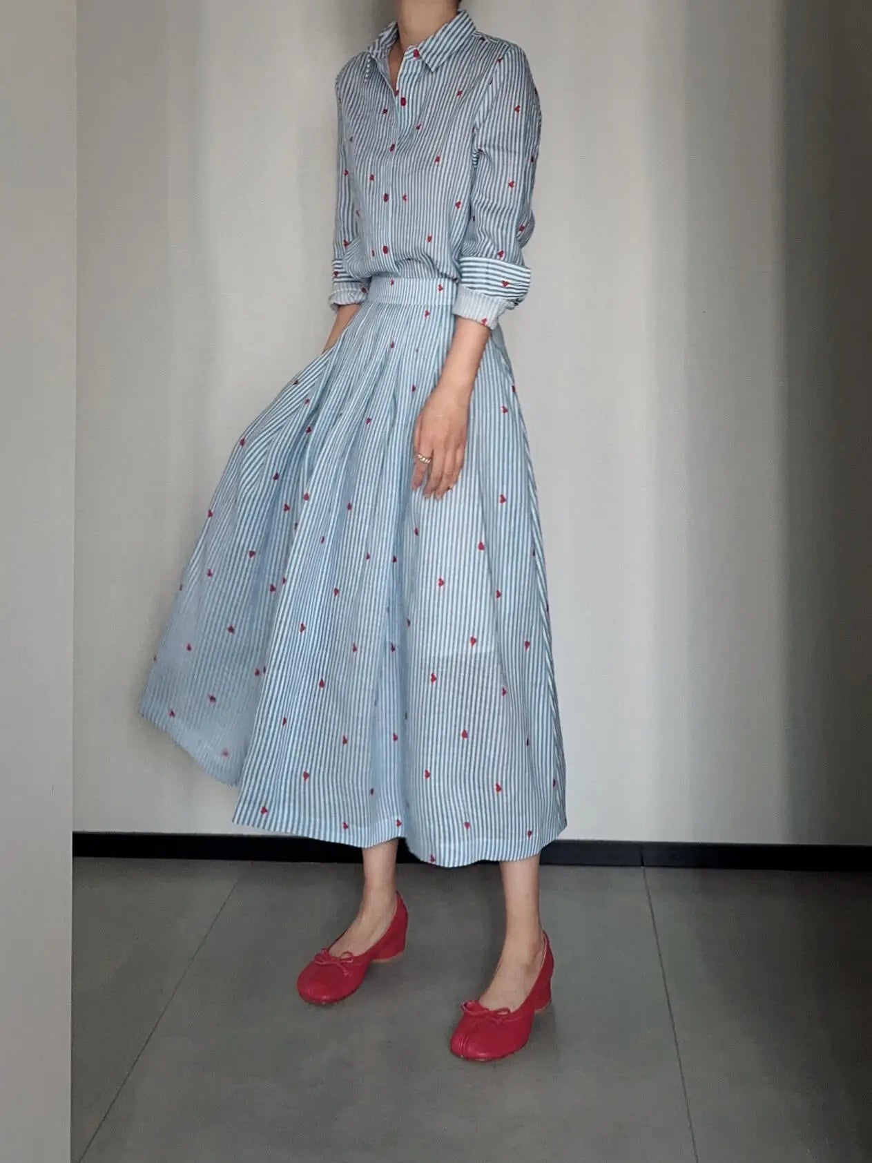 Blue Striped Linen Set Women's Long Sleeve Heart Print Blouse Half Skirt Two Piece Set Summer Fashion Ensemble for Young Women