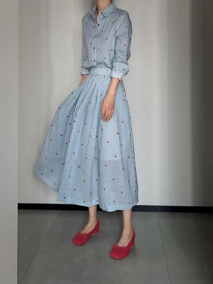 Blue Striped Linen Set Women's Long Sleeve Heart Print Blouse Half Skirt Two Piece Set Summer Fashion Ensemble for Young Women