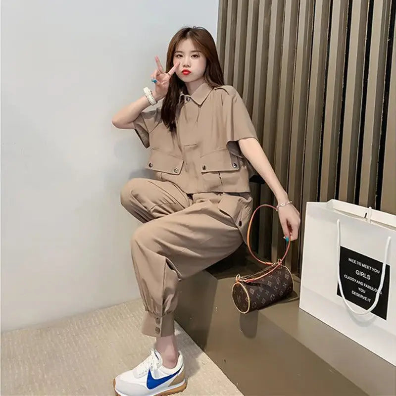 Fashionable Youthful Workwear Career Two-Piece Set Summer New Light Maturity Hepburn Style Quality Polyester Fiber Long Pants
