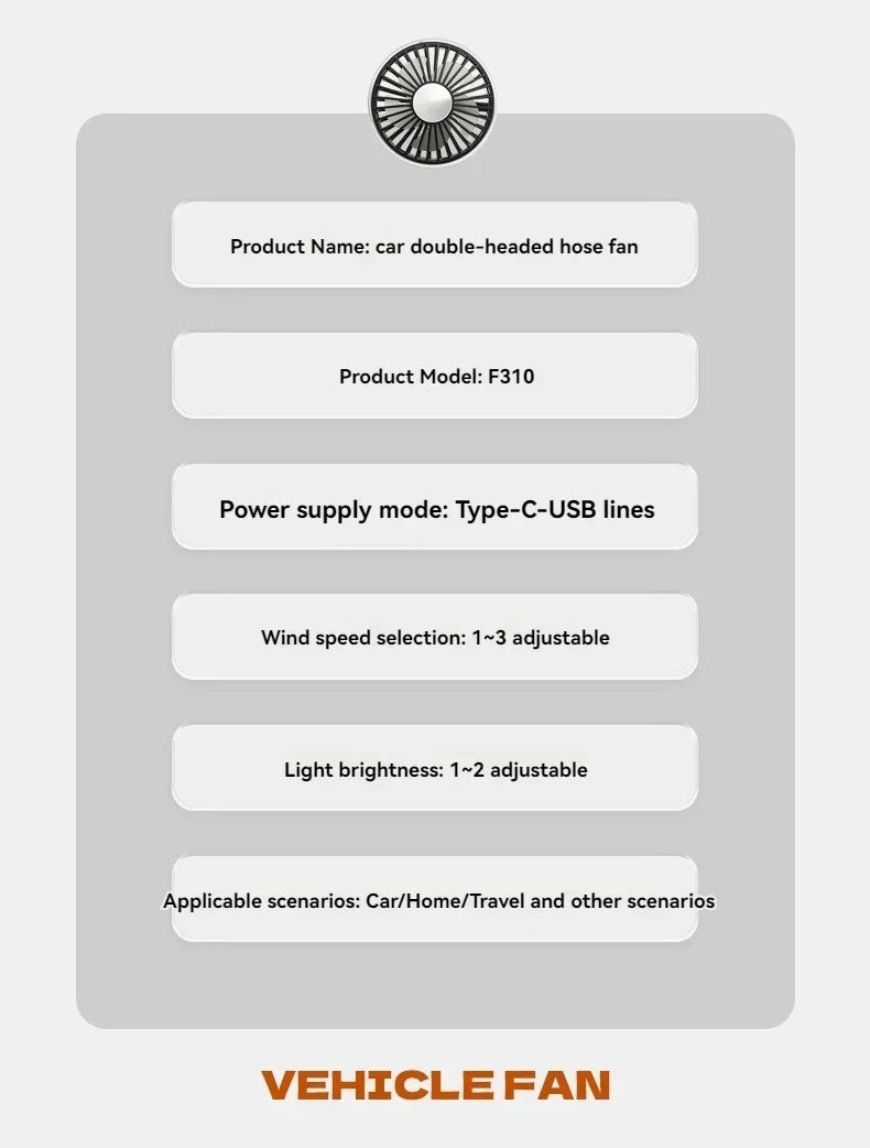 360° Rotation Double Head Car Back Seat Fan 3-speed Wind Adjustment USB Auto Cooling Fans for Summer Car Accessorie