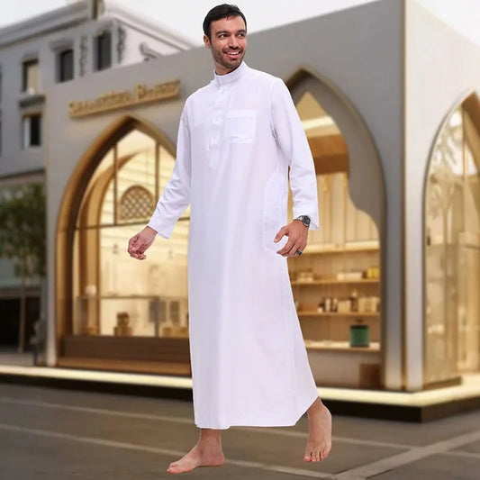 Islamic Men's Clothing White Long Sleeve Loose Muslim Long Robe Man Abaya Arab Kaftan Button Stand Collar Thobe Jubba