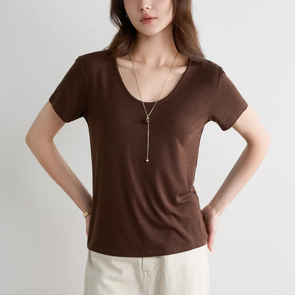 Women Lyocell T Shirt U Neck Short Sleeve Summer Slim Fit Basic Casual Top