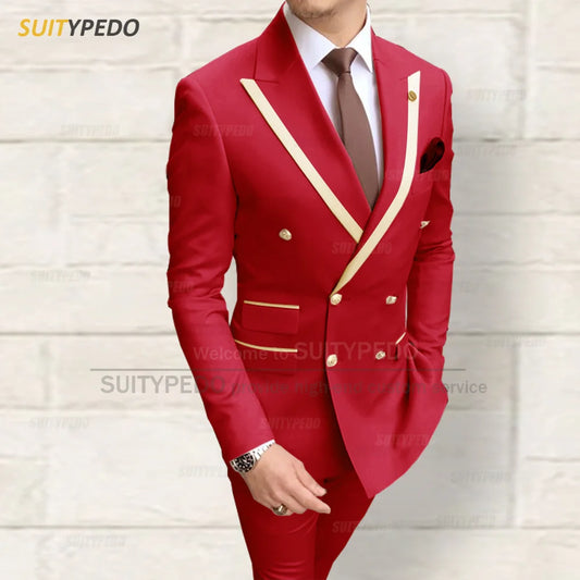Fashion Men Red Suit Sets Wedding Party Custom Groomsman Elegant Outfits Birthday Banquet Male Stylish Blazer Pants 2 Pieces