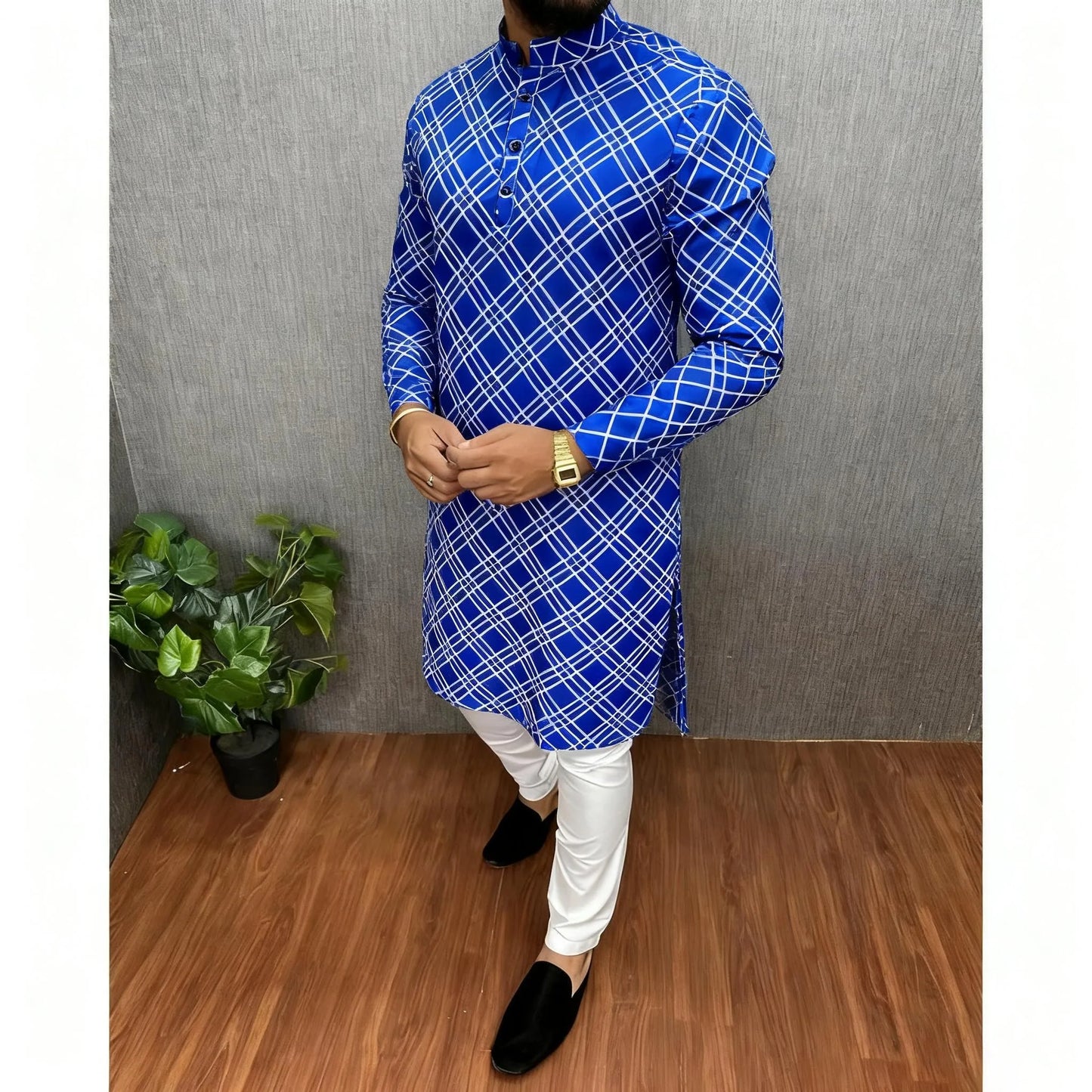 Men Islamic Arabic Abaya Robe Ethnic Print Stand Collar Youth Mid-length Shirt Luxury Coat Moslim Kleding Vestiti Musulmani Uomo