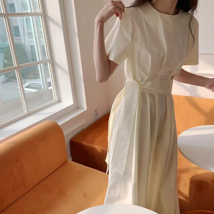 Elegant Pure Color Slim Fit Dress with Belt High Waist Spring Summer Autumn Short Sleeve Casual High Waist Skirt