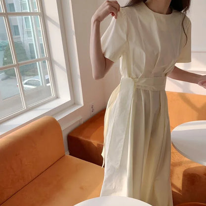 Elegant Pure Color Slim Fit Dress with Belt High Waist Spring Summer Autumn Short Sleeve Casual High Waist Skirt