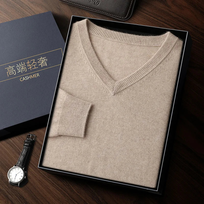 100% Cashmere Sweater Men's V-Neck Knit Pullover 2025 Spring/Autumn New Solid Color Long Sleeved Tops Business Casual Menswear