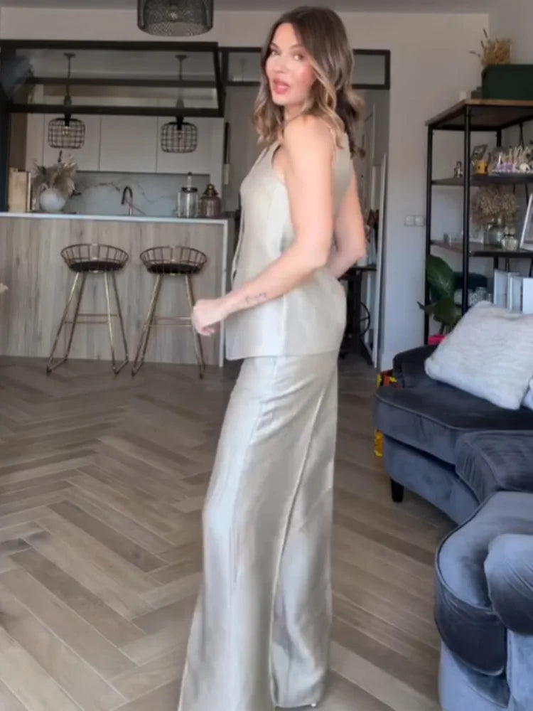 HH Woman Slim Single-breasted Sleeveless Tube Top Vest+Spring Elegant Pockets High Waist Straight Leg Pants Solid 2 Piece Set