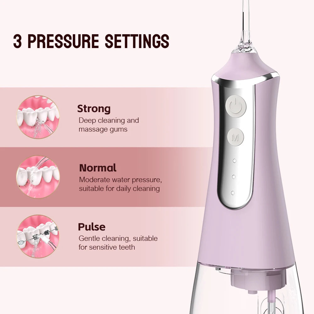 Electric oral irrigator with 3 cleaning modes, USB rechargeable, waterproof, 5 nozzles, portable dental irrigator