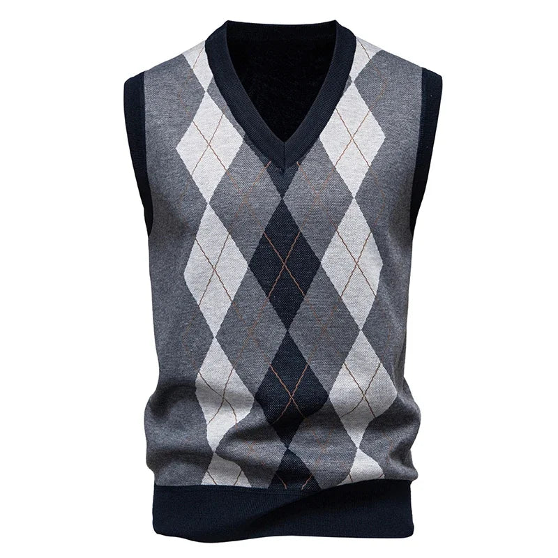 Men's Knitted Warm Sweater in Autumn and Winter V-neck Vest Diamond Grid Twisted Flower Casual Fashion Versatile Top