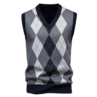 Men's Knitted Warm Sweater in Autumn and Winter V-neck Vest Diamond Grid Twisted Flower Casual Fashion Versatile Top