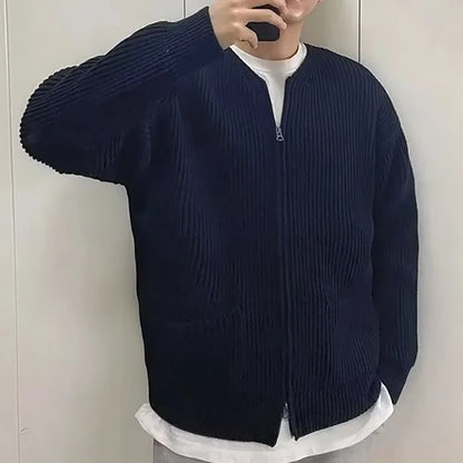Men's Solid Color Zipper Cardigan Sweater Winter New Multiple Pockets Knit Sweater Coats Casual Stand Collar Cardigan Outerwear