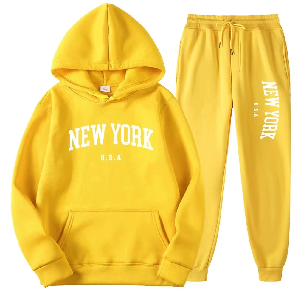 New York Print Hoodies Casual American Style Hoodie Set Mens Autumn Long Sleeves Hooded Loose Pullover Street Sweatshirt