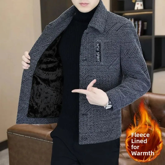 Thickened Fleece Men's Woolen Coat Casual Business Midlife Stand Collar Dad Jacket Autumn Winter Outerwear Standard Fit Long ...