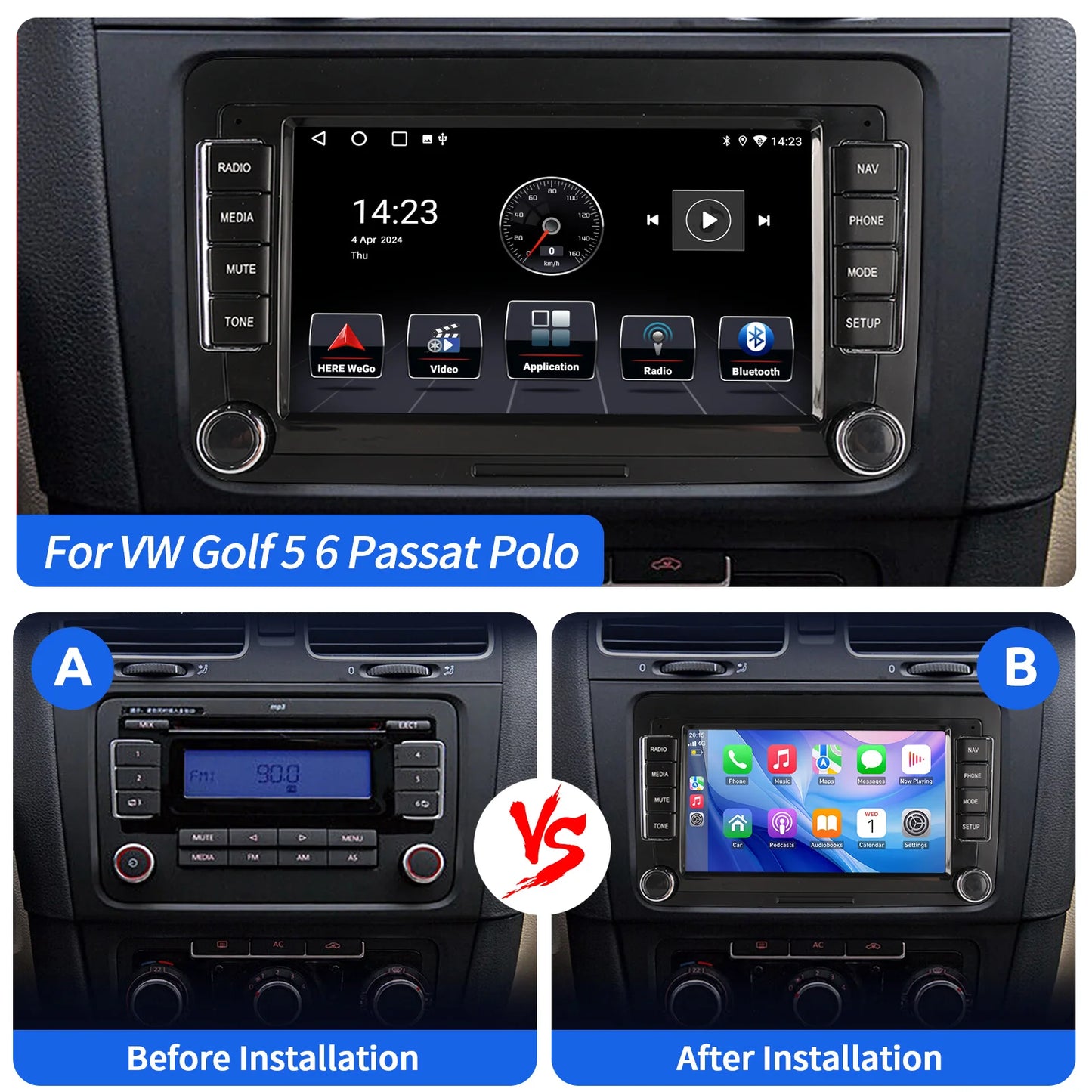 7" Car Stereo Android 14 For VW Volkswagen Jetta Passat Golf MK5 MK6 Apple Carplay GPS Navigation FM Radio WiFi SWC Head Unit BT