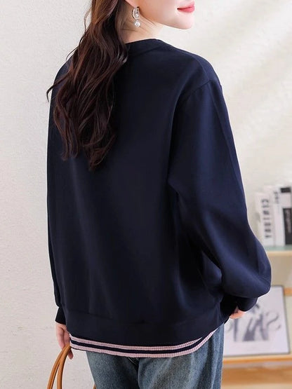 plus Size Fashionable Striped Mock Two-Piece Sweatshirt Casual Loose Women's Autumn Top round Neck Long Sleeve Commute Style